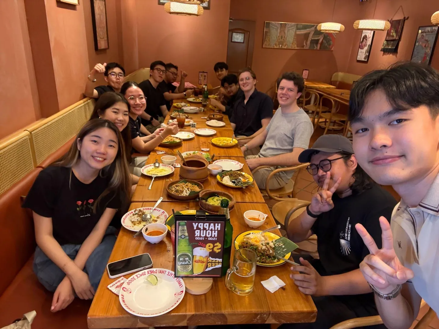 The team at dinner around a long table