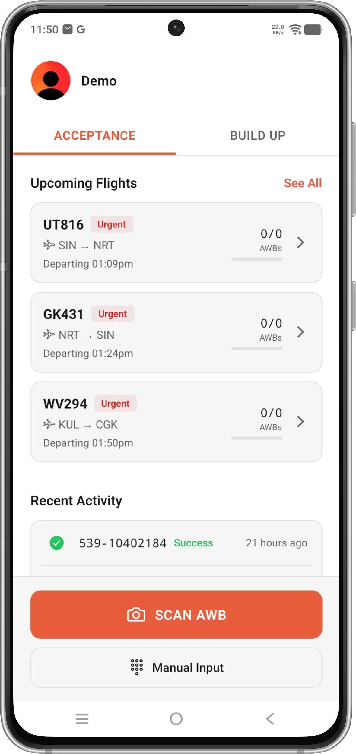 The same acceptance tab on Android, with upcoming flights and a Scan AWB button.
