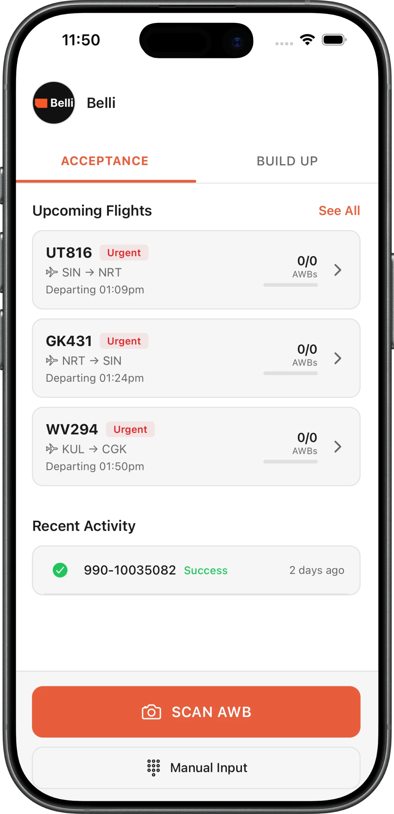 The Belli app's acceptance tab on iPhone: upcoming flights, recent activity, and a Scan AWB button.